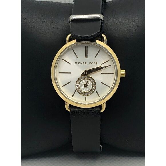 Michael Kors MK2734 Women's Black Leather Analog Silver Dial Quartz Watch OL147 - Picture 1 of 9